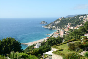 Naklejka na ściany i meble Panorama of Bergeggi and its gulf in the heart of Liguria.