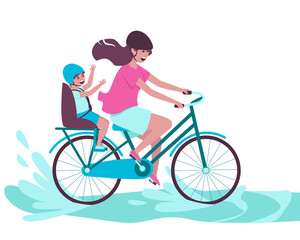 Mom rides a bike with her son in a chair on the trunk. The woman and the child have a helmet on their heads for safe cycling. Flat vector illustration.