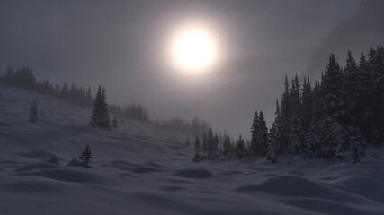 Winter landscape with bright sun shining through thick fog with snowy meadow and silhouettes of coniferous trees in Jasper National Park, Canada.