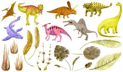 Dinosaurs and plants isolated on white. Tyrannosaurus, Spinosaurus, Pteranodon, Ankylosaurus, Mosasaurus. Watercolor