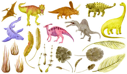 Dinosaurs and plants isolated on white. Tyrannosaurus, Spinosaurus, Pteranodon, Ankylosaurus, Mosasaurus. Watercolor © Evgeniia