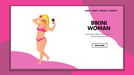bikini woman summer beach. beauty woman body. girl bikini in swimsuit. slim women. positive attractive young lady. vector web Flat Cartoon Illustration