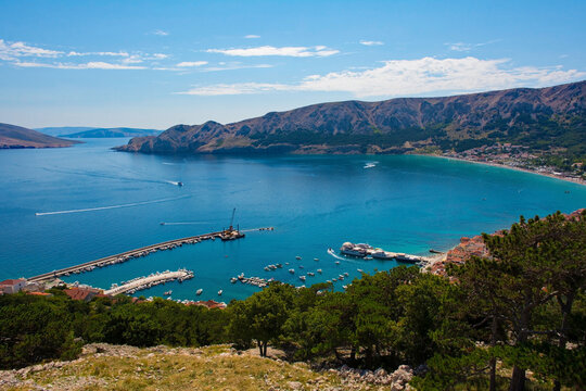 A view of Baska Bay in the south of Krk Island, western Croatia. Taken from Baska Citadel on a hill overlooking the bay in late summer
