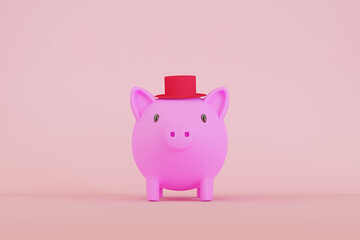 3D rendered illustration of a cute pink piggy bank on pink background.