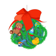 Graphic illustration of a ball for decorating a Christmas tree, children's theme. Teddy bear, pyramid, cube, toys, duck, car. Merry christmas and happy new year greetings
