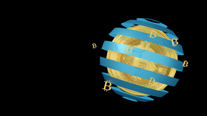 A 3d rendered illustration of a golden bitcoin cryptocurrency and textured blue globe on dark background.