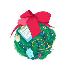 Graphic illustration of ball for decorating a Christmas tree for medical professionals, medical field. Mask, stethoscope, scalpel, surgical, folder, stamp, pills, seal, tube. Merry christmas greetins