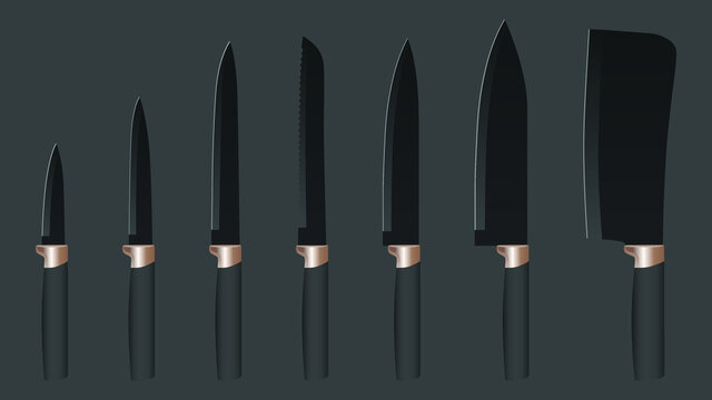 set of realistic kitchen knives isolated on black, Vector illustration, chef knives, Cutlery icon set