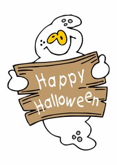 halloween ghost holding happy halloween poster
