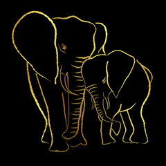 African elephants painting brush stroke ,vector design with golden border