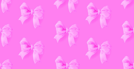 Realistic yellow 3d bows on a pacific pink background. Seamless patterns. Vector.