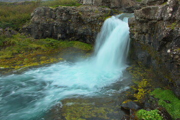 Waterfall Göngumannafoss at Dynjandi, West Fjords, Iceland, Europe
