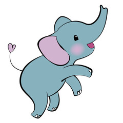 Emotional sticker with cute elefant. Kawaii style. Cartoon emoji sticker with dancing elefant. Vector illustration.