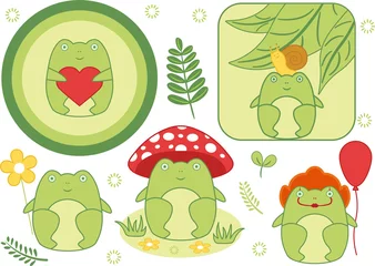 Fotobehang Funny frogs set in flat style on green background different characters with stylized plant elements © koshkina