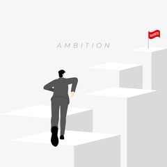 Back view of businessman runs on messy cubic step aim to target with successful red flag on top. The business concept of ambition, challenge, achievement, motivation. Vector illustration flat minimal.
