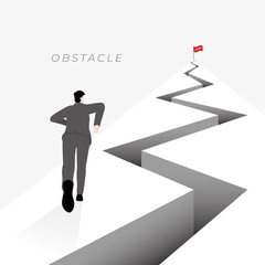 Vector minimal style back view of businessman runs up a mountain with obstacle, crack, split land, trap, hole and red flag on top. The business concept of ambition, challenge, achievement, motivation.