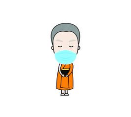 Thai monk put face mask virus protection. Vector illustration