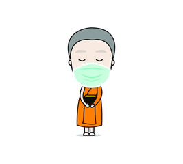 Thai monk put face mask virus protection. Vector illustration