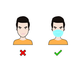 No Entry Without Face Mask. Wrong and right Wear a Face Covering Icon. People protection. Vector illustration