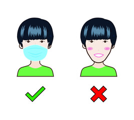 No Entry Without Face Mask. Wrong and right Wear a Face Covering Icon. People protection. Vector illustration