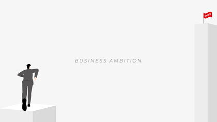 Back view of businessman runs aim to a very high target with successful red flag on top. The business concept of ambition, challenge, achievement, motivation. Vector illustration flat minimal style.