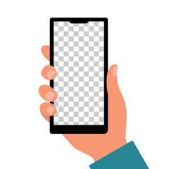 A smartphone in a human hand. A mobile phone with an empty screen is held by a human hand