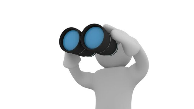 Small businessman with a magnifying glass searching, 3d animation