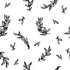 Seamless floral pattern with decorative black flowers, twigs, grass and leaves. White isolated background. Botanical print. Great for fabric, textile, cards. - 471274425