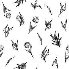 Seamless floral pattern with decorative black flowers, twigs, grass and leaves. White isolated background. Botanical print. Great for fabric, textile, cards. - 471274427
