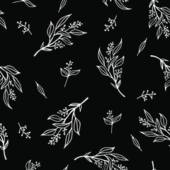 Seamless floral pattern with decorative white flowers, branches, grass and leaves. Black isolated background. Botanical print. Great for fabrics, textiles, cards. - 471274463