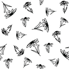Seamless floral pattern with decorative black flowers, twigs, grass and leaves. White isolated background. Botanical print. Great for fabric, textile, cards. - 471274470