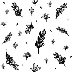 Seamless floral pattern with decorative black flowers, twigs, grass and leaves. White isolated background. Botanical print. Great for fabric, textile, cards. - 471274497