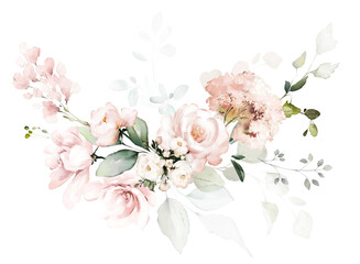 Set watercolor arrangements with garden roses. collection pink flowers, leaves, branches. Botanic illustration isolated on white background. - 471275016