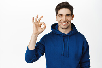Okay. Smiling brunette guy confirms smth, say yes, showing ok sign in approval, recommending...
