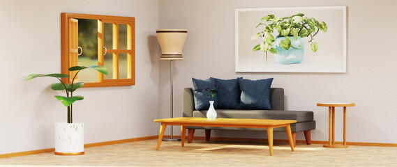 3D render of Home interior with ethnic decoration. Modern living room in house or apartment.