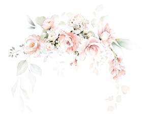 watercolor arrangements with garden roses. collection pink flowers, leaves, branches. Botanic illustration isolated on white background.