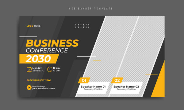 Digital marketing webinar and corporate business online conference web banner template design. Annual meeting, workshop & training social media promotion flyer, post or poster with logo & icon.      