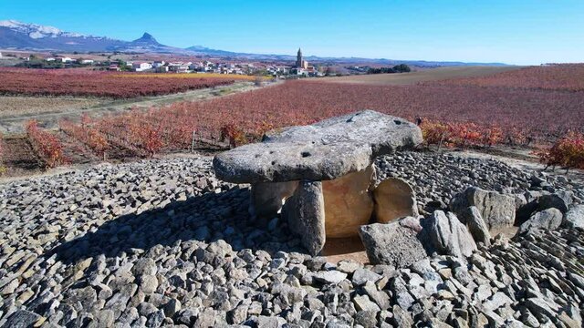 Dolmen Chabola de la Hechicera in the Alava town of Elvillar, in the Rioja Alavesa region, in the Basque Country. Spain. Europe