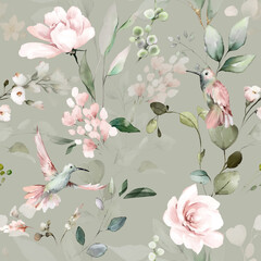 naadloze aquarel bloemenpatroon met tuin roze bloemen rozen, bladeren, vogels, takken. Botanische tegel, achtergrond.