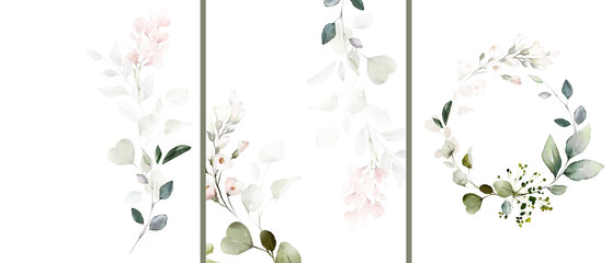 Fototapeta na wymiar Herbal Watercolor invitation design with leaves. and fowers. floral elements, botanic Template for wedding. card with frame