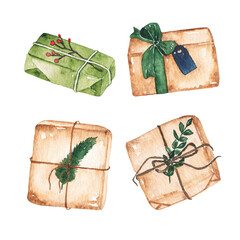 Watercolor Christmas gift boxes isolated on white background. Winter holiday xmas celebration illustration