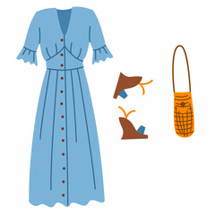 A set of boho outfits and various boho elements. Fashionable clothes, bag, dress, shoes. Vector illustration in a flat style