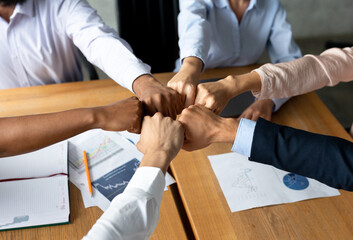 Business Team Unity. Group Of Multiethnic Colleagues Joining Fists Together In Office