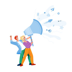 Social Campaign Marketing Manager Business Vector. Social Campaign Occupation Man And Woman, People Screaming In Loudspeaker For Advertising And Communication. Characters Flat Cartoon Illustration