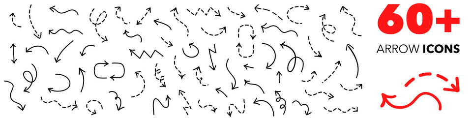 60+ Hand-drawn arrows. Set simple arrows isolated Vector Icons.