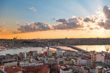 Fototapeta na wymiar Aerial Istanbul Sunset Panorama to Golden Horn and Galata district