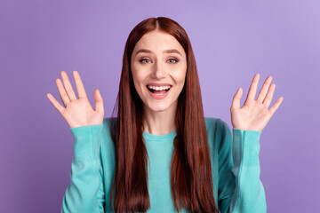 Photo of young attractive lady have fun waving hello speak video call isolated over violet color background