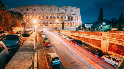 Rome, Italy. Colosseum Also Known As Flavian Amphitheatre In Evening Or Night Time.