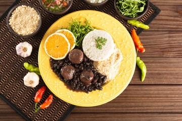 Feijoada typical Brazilian food. Traditional Brazilian food made with black beans. Top view. copy space