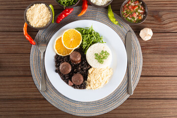 Feijoada typical Brazilian food. Traditional Brazilian food made with black beans. Top view. copy space